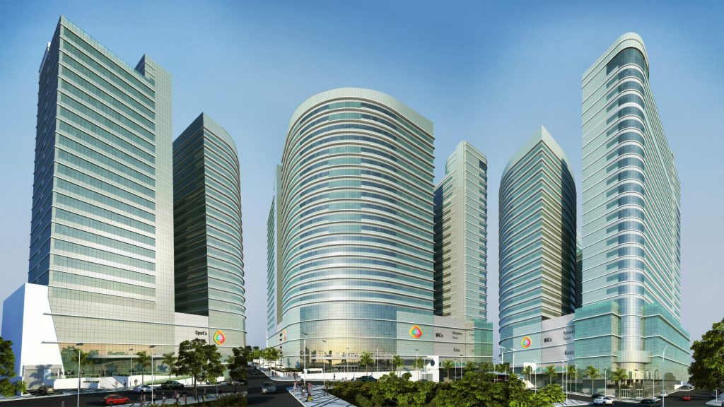 Méga-développement de 128 000 m2 et 106 mètres de haut, comprenant un centre commercial et 3 tours résidentielles
